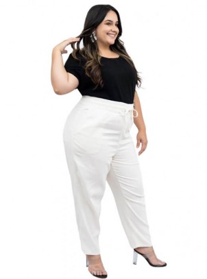 Calça Feminina Plus Size, Cós de Elastico, Off-White