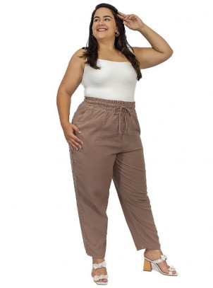 Calça Plus Size, Cós de Elástico, Marrom Chocolate