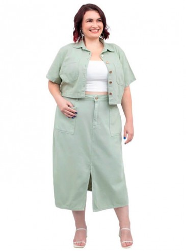 Saia Midi Plus Size Sarja Verde Claro