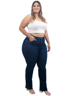 Calça Feminina Plus Size Reta, Alta, Bolso Bordado