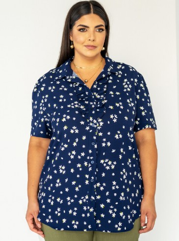 Camisa Feminina Plus Size Azul Marinho Floral