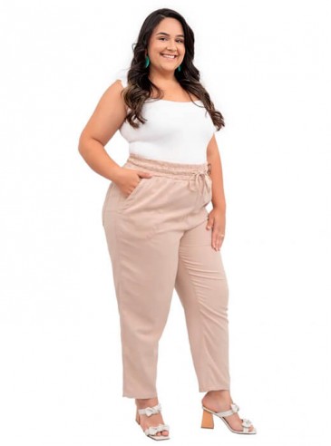 Calça Plus Size, Cós de Elástico, Caqui Escuro