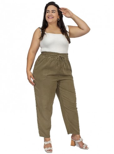 Calça Plus Size, Cós de Elástico, Verde Oliva